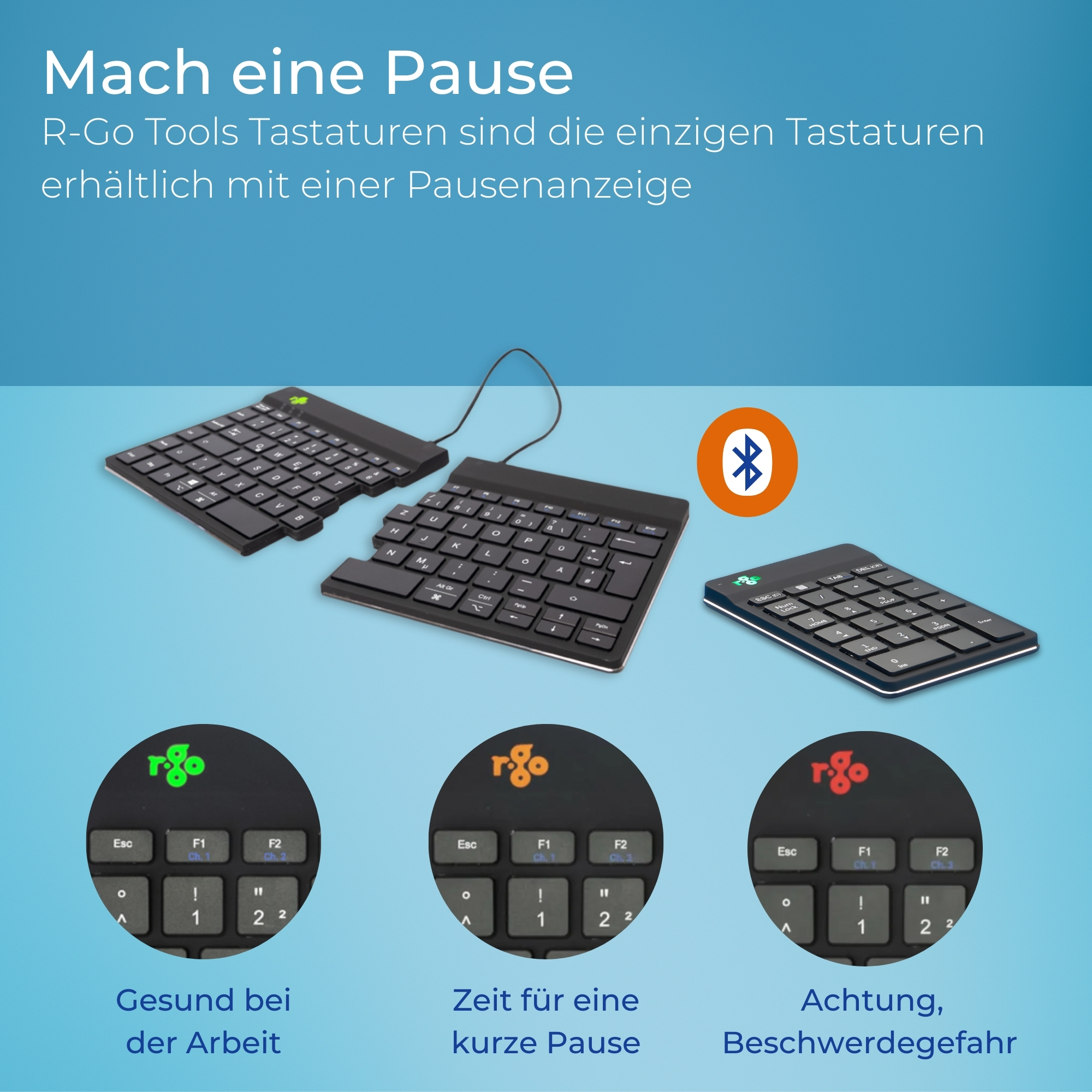 R-Go Kabellose Bluetooth-Tastatur und Ziffernblock-Kombination – Ergonomische Geteilte Tastatur – DE-QWERTZ – Wiederaufladbar