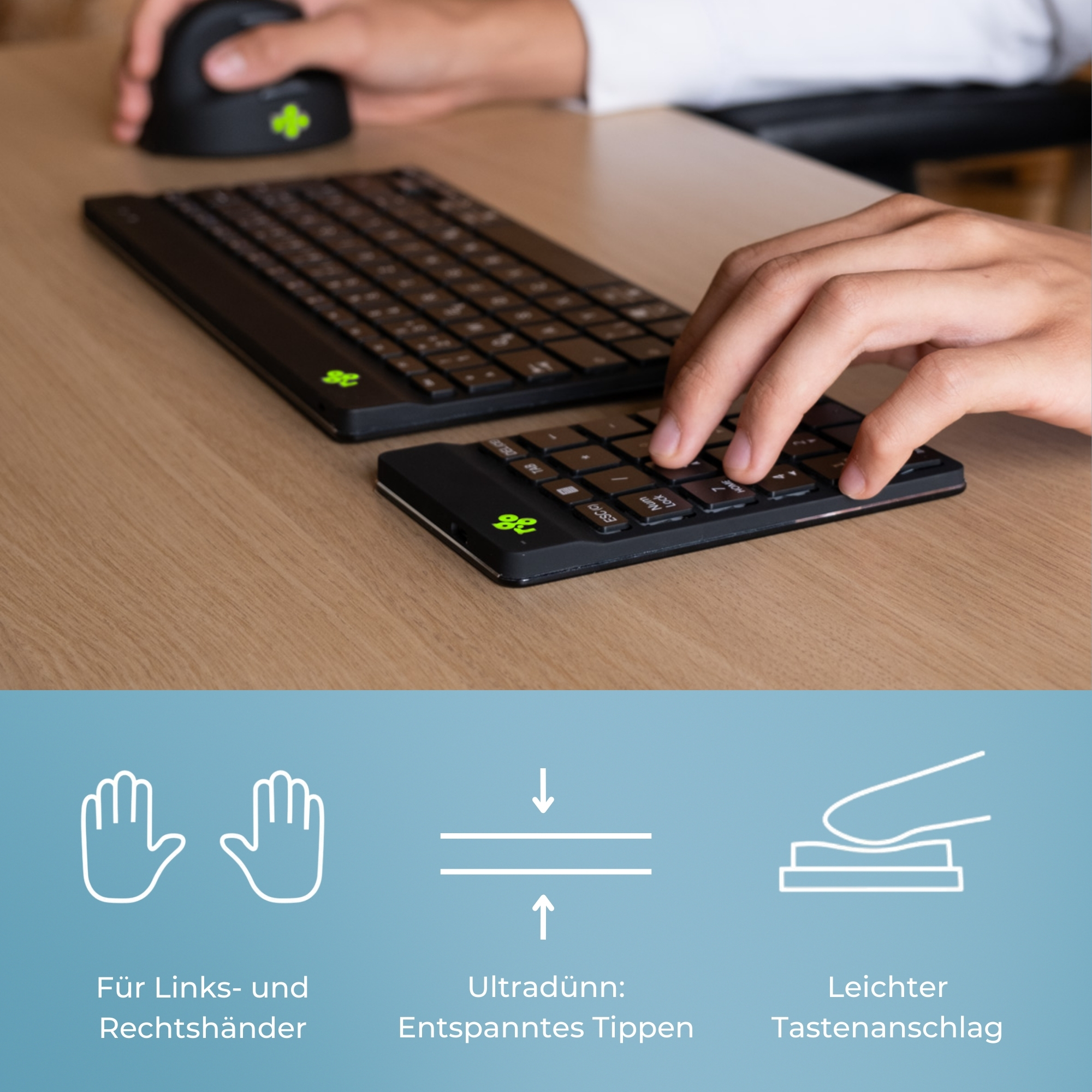 R-Go Kabellose Bluetooth-Tastatur und Ziffernblock-Kombination – Ergonomische Geteilte Tastatur – DE-QWERTZ – Wiederaufladbar
