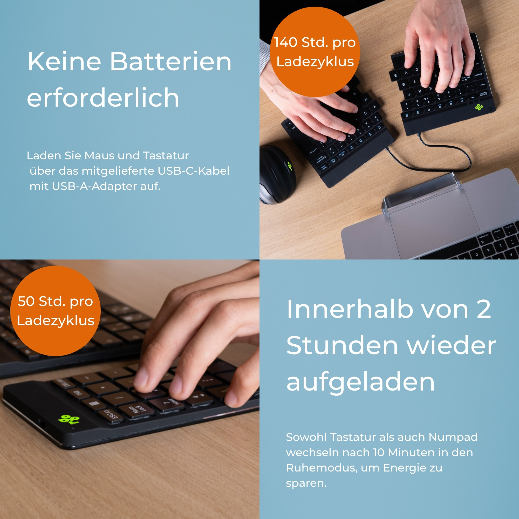 R-Go Kabellose Bluetooth-Tastatur und Ziffernblock-Kombination – Ergonomische Geteilte Tastatur – DE-QWERTZ – Wiederaufladbar