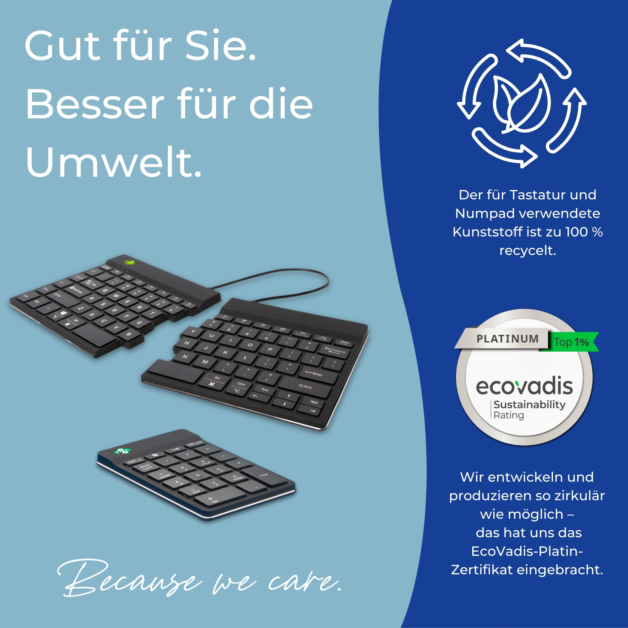 R-Go Kabellose Bluetooth-Tastatur und Ziffernblock-Kombination – Ergonomische Geteilte Tastatur – DE-QWERTZ – Wiederaufladbar