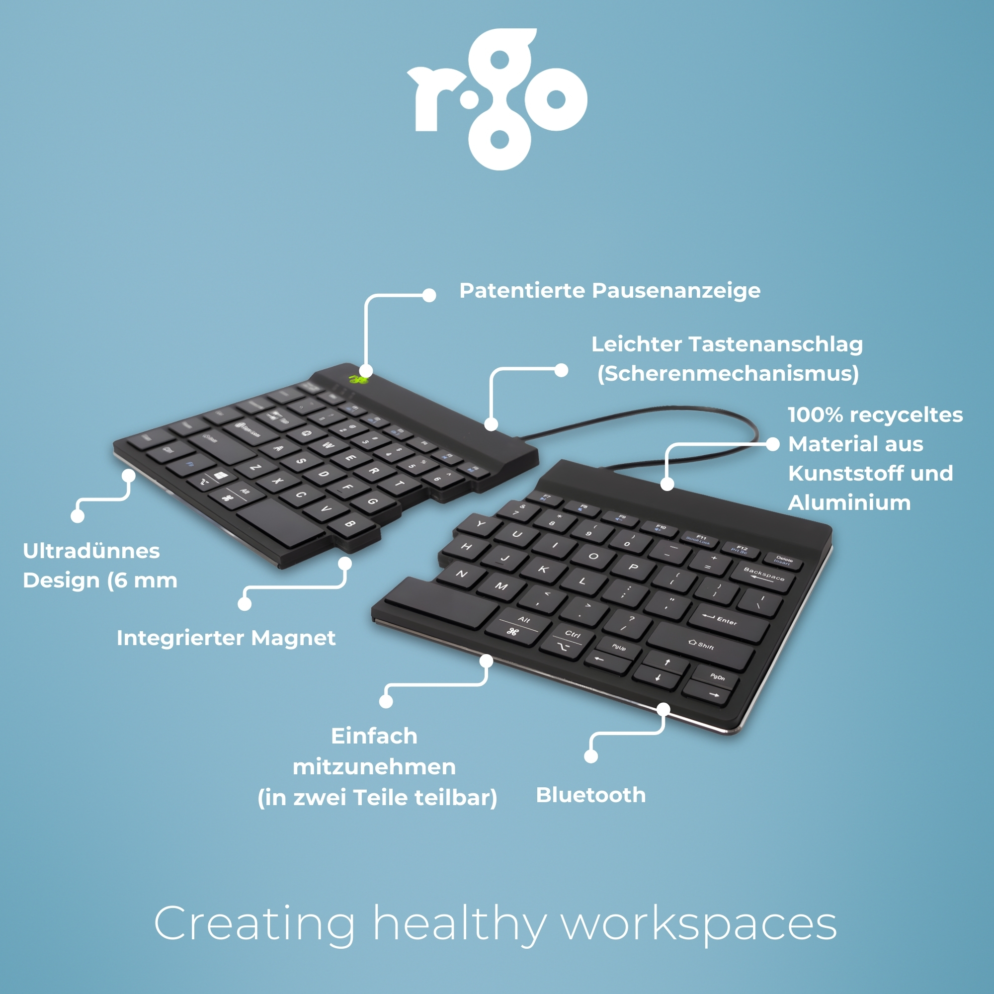 R-Go Kabellose Bluetooth-Tastatur und Ziffernblock-Kombination – Ergonomische Geteilte Tastatur – DE-QWERTZ – Wiederaufladbar