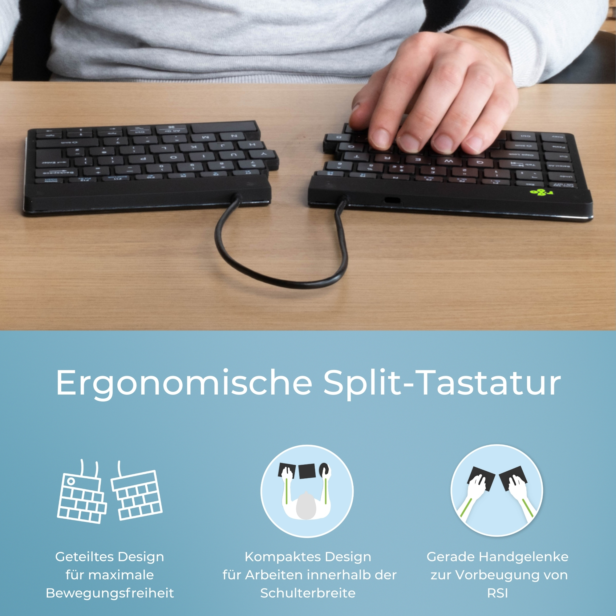 R-Go Kabellose Bluetooth-Tastatur mit Tasche – Ergonomische geteilte Tastatur – Wiederaufladbar – DE-QWERTZ – Filztasche