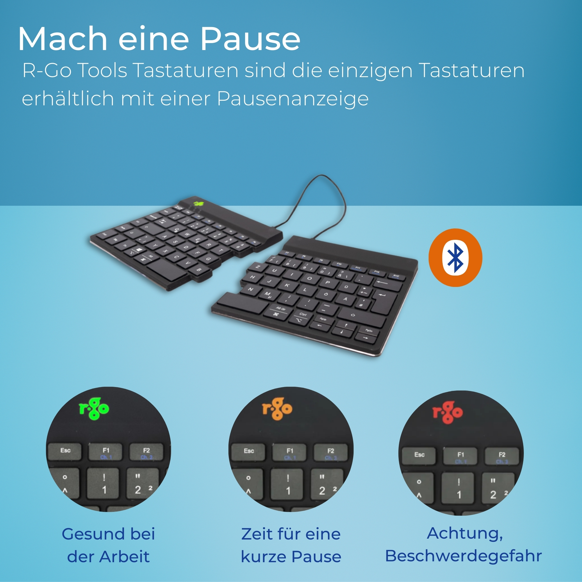 R-Go Kabellose Bluetooth-Tastatur mit Tasche – Ergonomische geteilte Tastatur – Wiederaufladbar – DE-QWERTZ – Filztasche