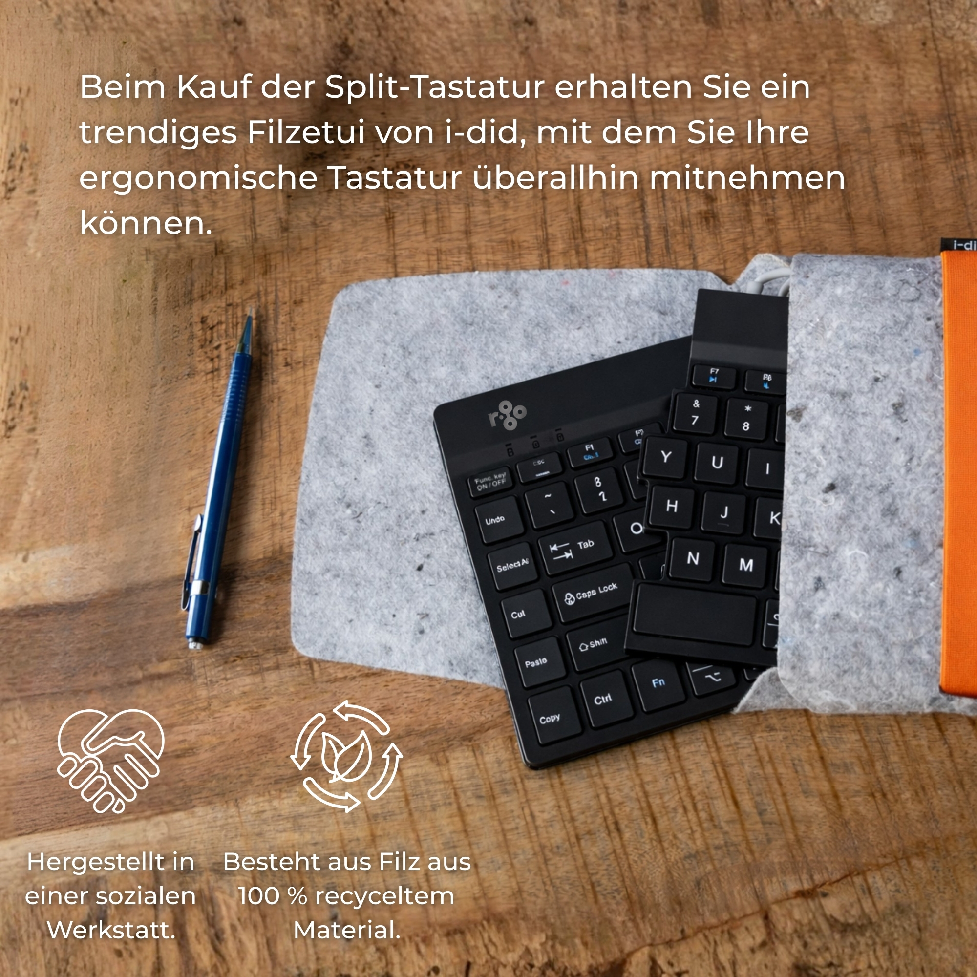 R-Go Kabellose Bluetooth-Tastatur mit Tasche – Ergonomische geteilte Tastatur – Wiederaufladbar – DE-QWERTZ – Filztasche