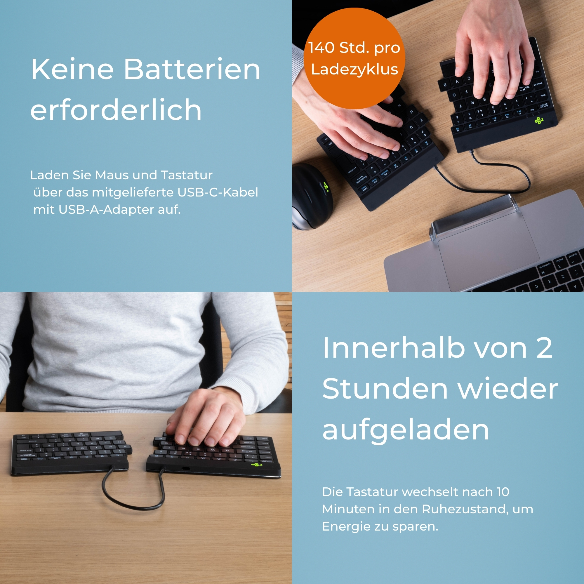 R-Go Kabellose Bluetooth-Tastatur mit Tasche – Ergonomische geteilte Tastatur – Wiederaufladbar – DE-QWERTZ – Filztasche