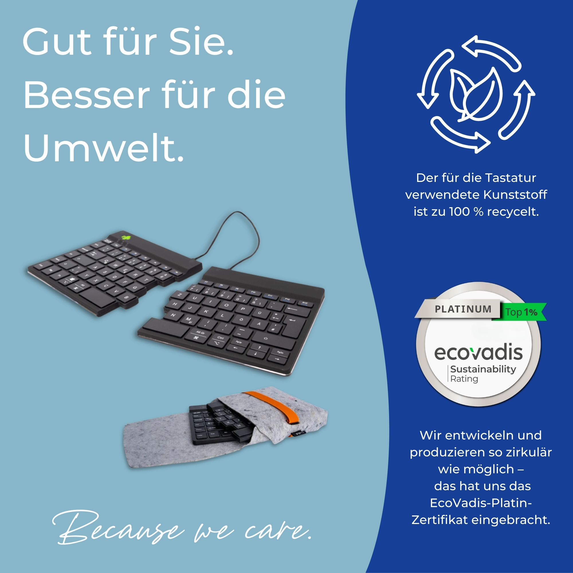 R-Go Kabellose Bluetooth-Tastatur mit Tasche – Ergonomische geteilte Tastatur – Wiederaufladbar – DE-QWERTZ – Filztasche
