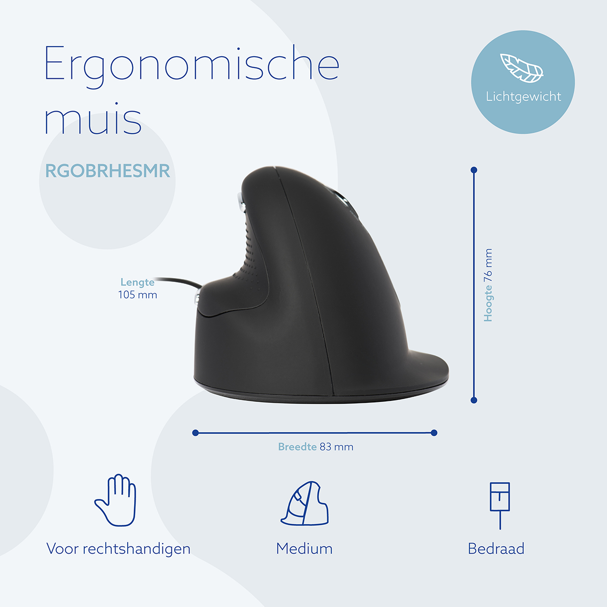 R-Go HE Break ergonomische muis, verticale muis met break software, voorkomt RSI, groot (handlengte ≥ 185mm), rechtshandig, bedraad, zwart