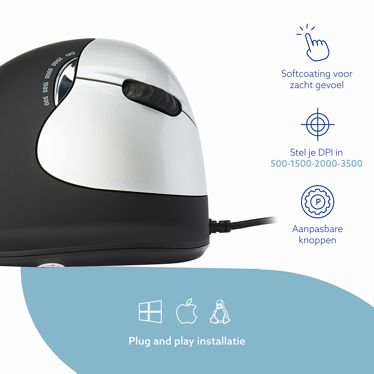 R-Go HE Break ergonomische muis, verticale muis met break software, voorkomt RSI, groot (handlengte ≥ 185mm), rechtshandig, bedraad, zwart