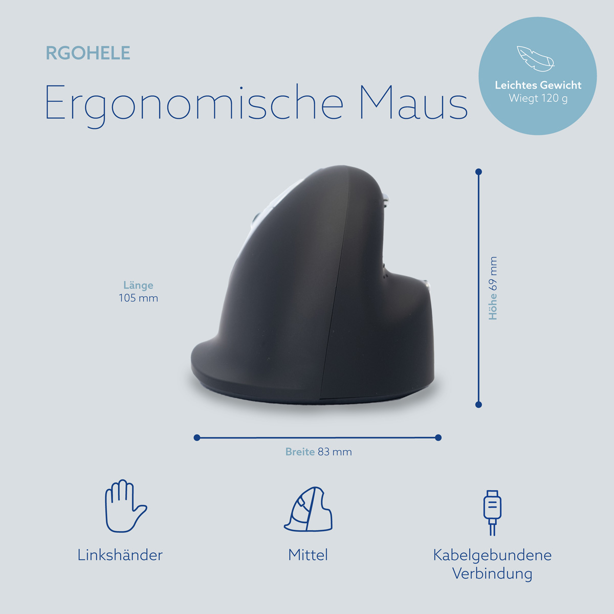R-Go He Break Maus (mittel, links, verkabelt)