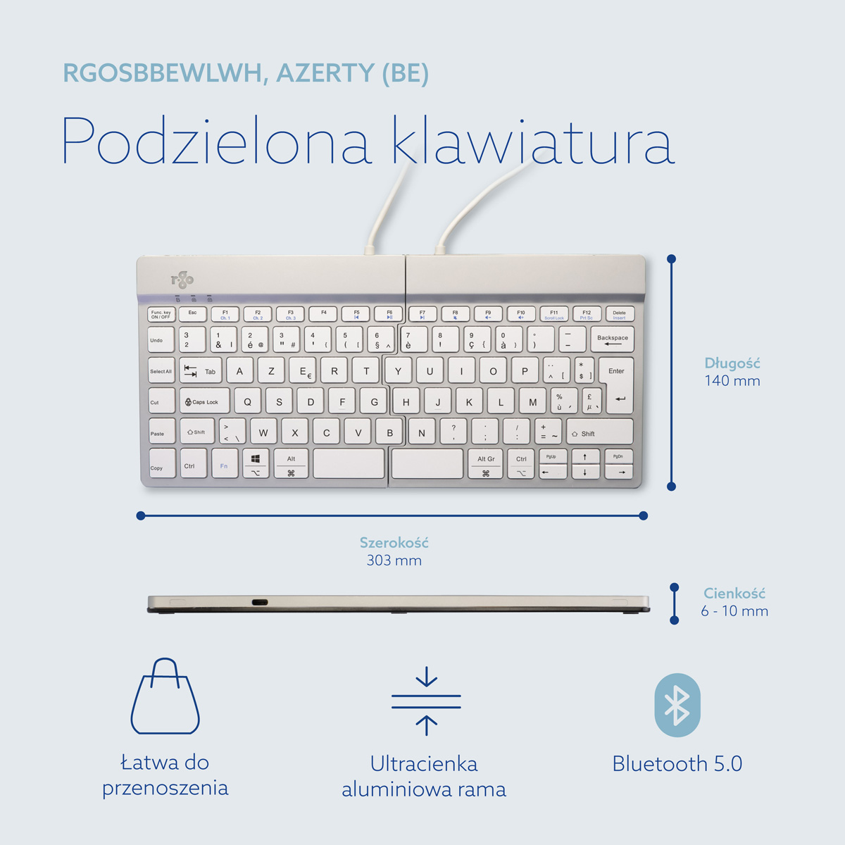 R-Go Split Break wersja 2 (biały, bezprzewodowy, AZERTY – BE)