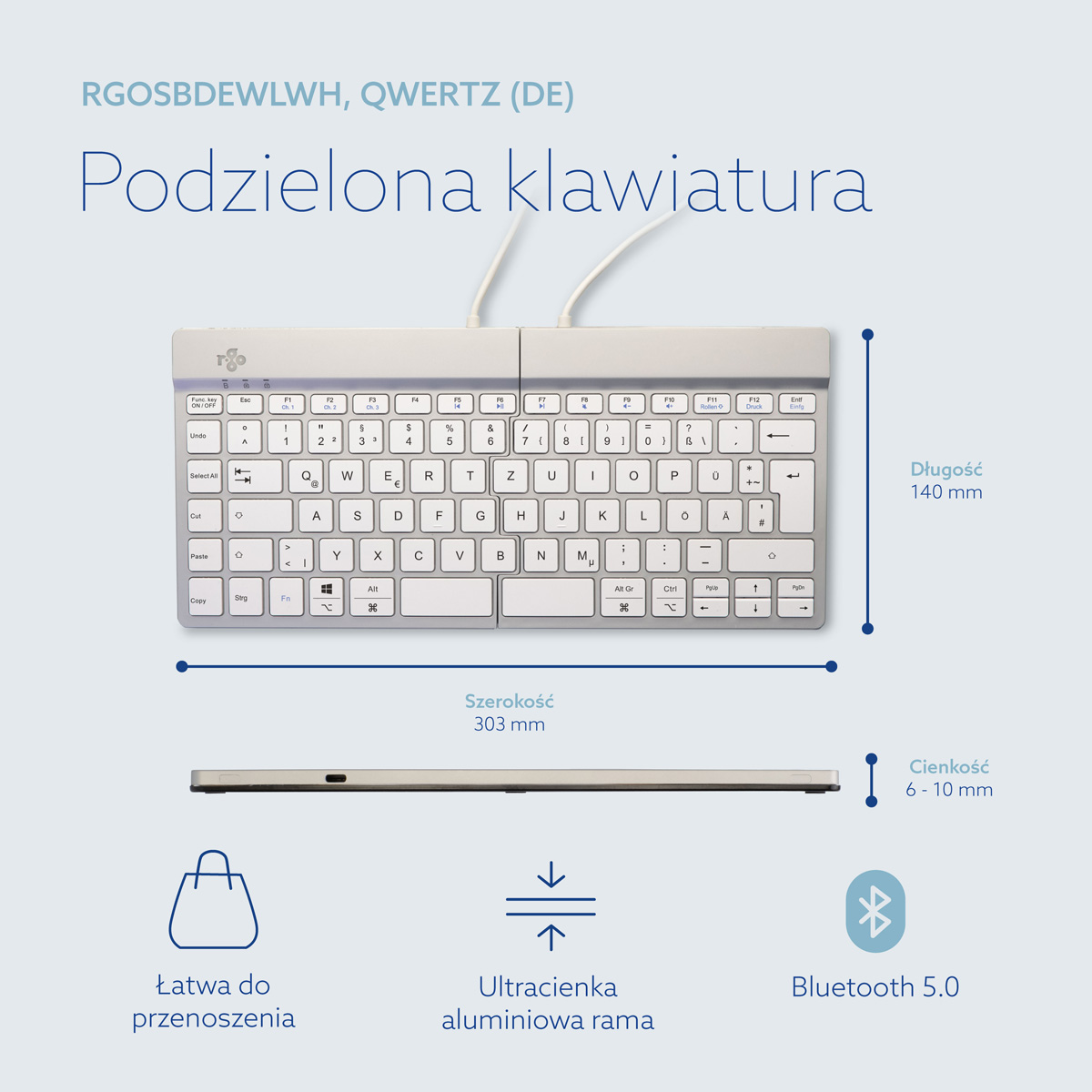 R-Go Split Break wersja 2 (biały, bezprzewodowy, QWERTZ – DE)