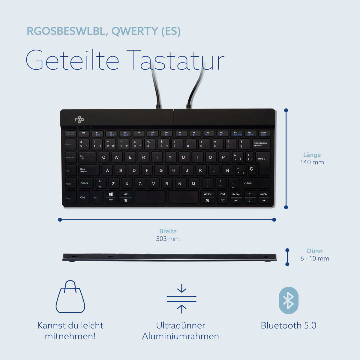 R-Go Split Break Version 2 (schwarz, drahtlos, QWERTY – ES)