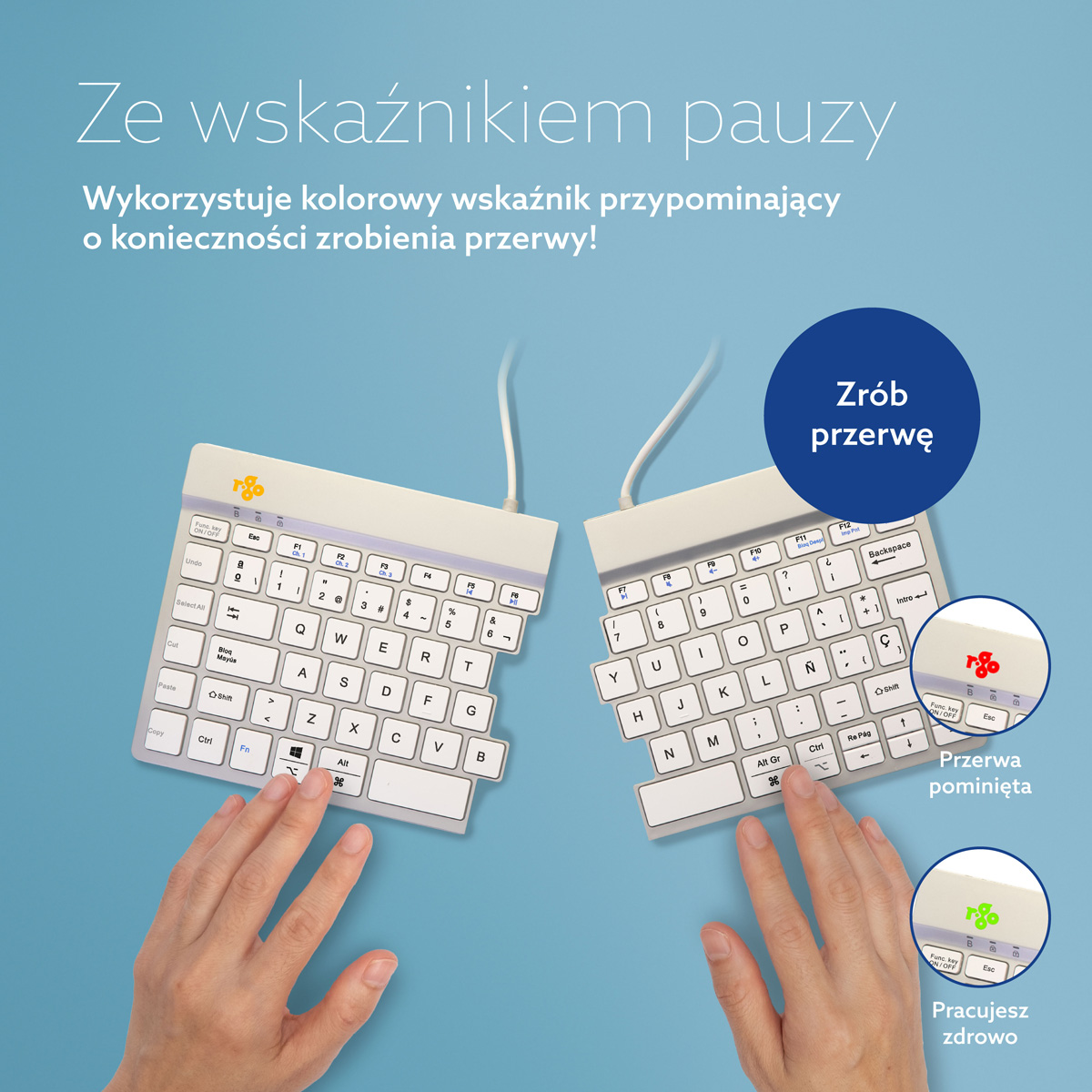 R-Go Split Break wersja 2 (biały, bezprzewodowy, QWERTY – ES)