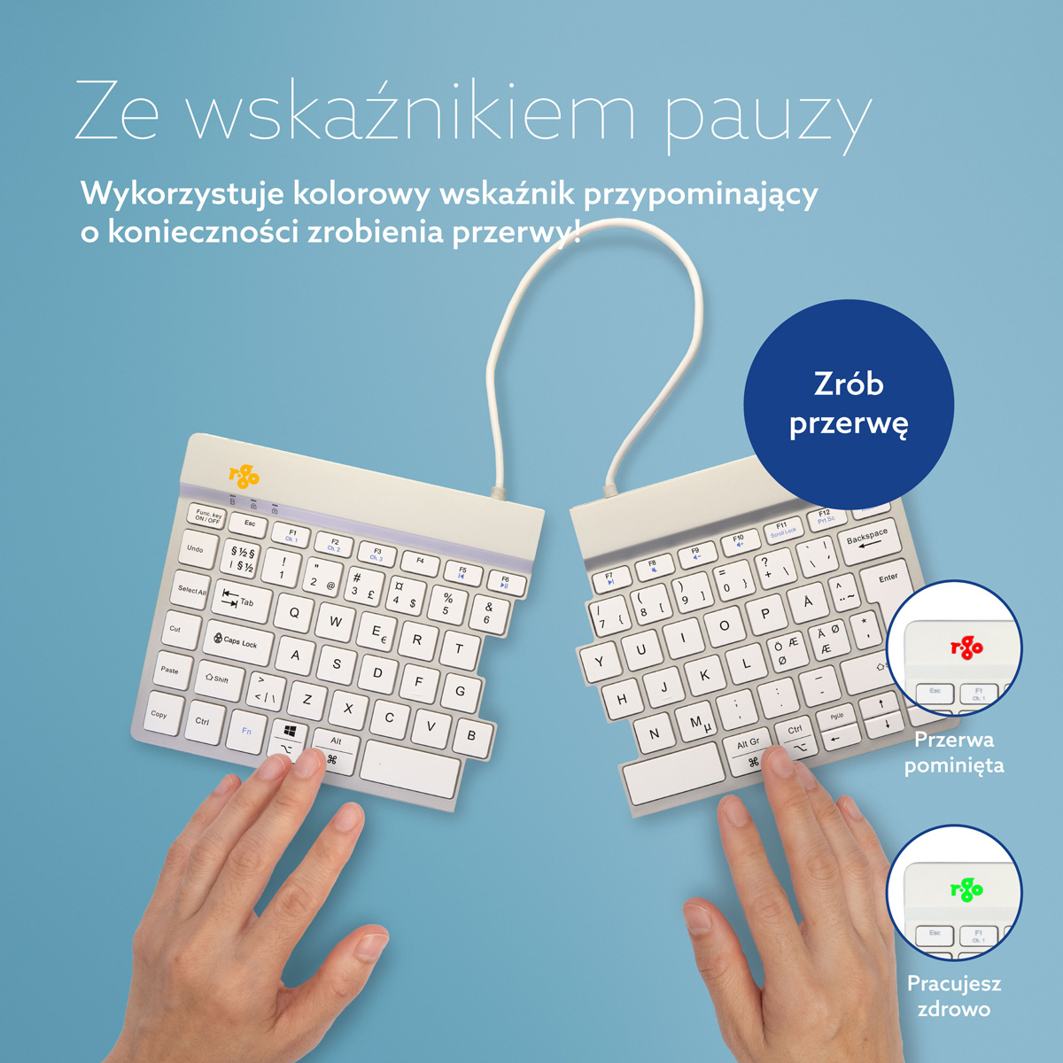 R-Go Split Break wersja 2 (biały, bezprzewodowy, QWERTY – Nordic)