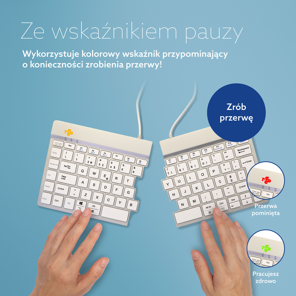 R-Go Split Break wersja 2 (biały, bezprzewodowy, QWERTY – PT)
