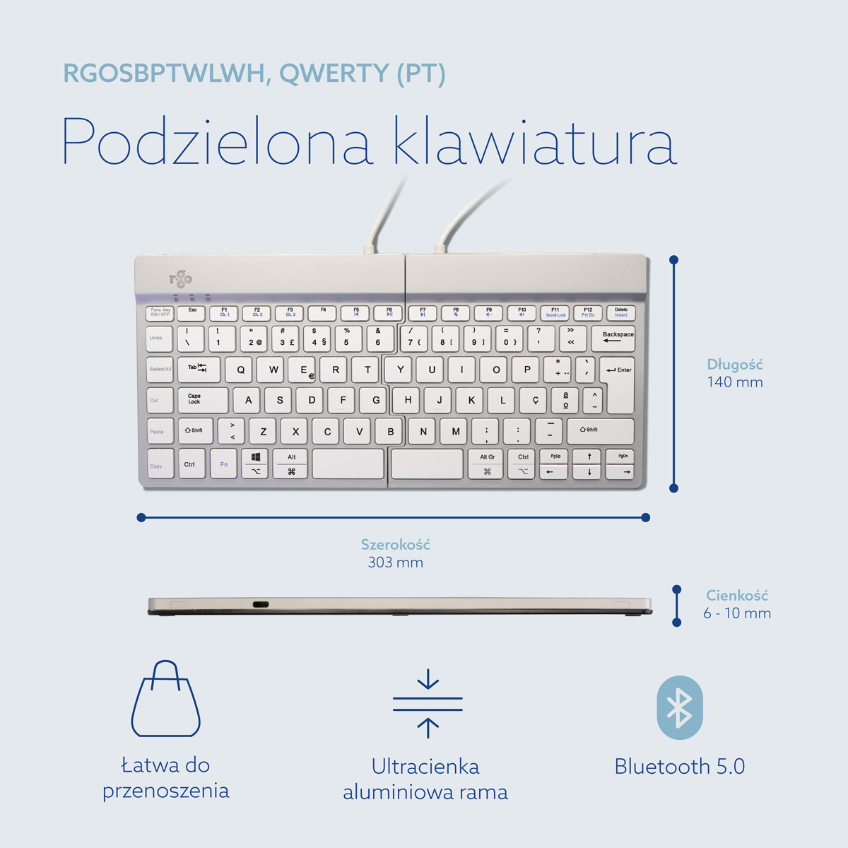R-Go Split Break wersja 2 (biały, bezprzewodowy, QWERTY – PT)