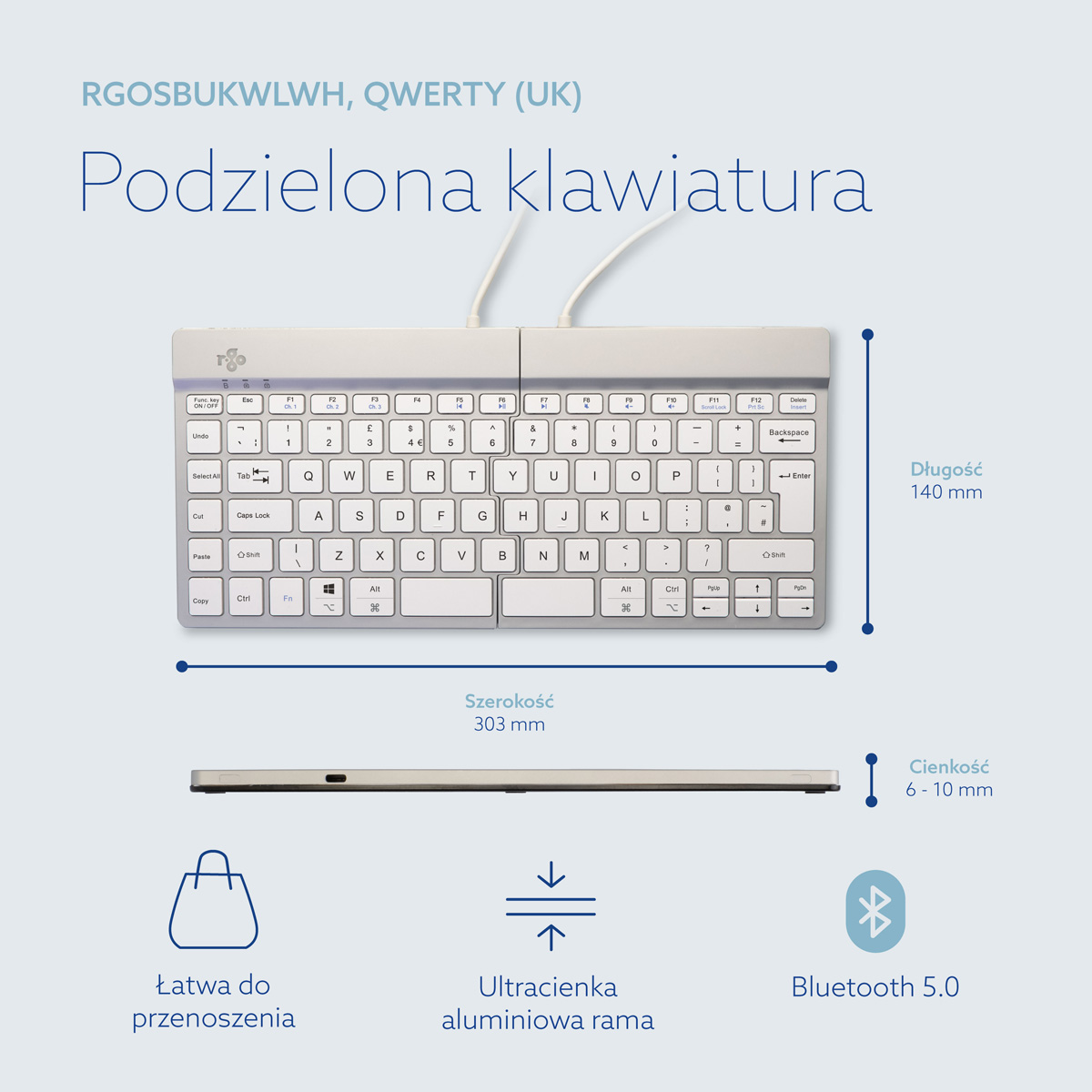 R-Go Split Break wersja 2 (biały, bezprzewodowy, QWERTY – UK)