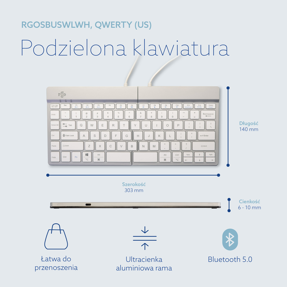 R-Go Split Break wersja 2 (biały, bezprzewodowy, QWERTY – USA)