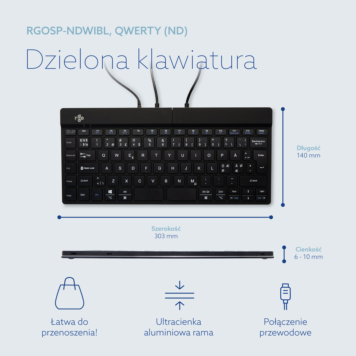 R-Go Split Break (czarna, przewodowa, QWERTY – Nordic)