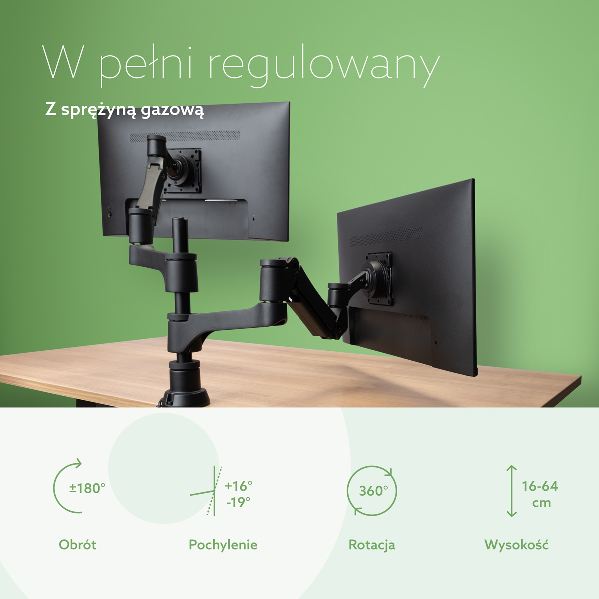R-Go Podwójne ramię monitora Caparo (zawieszenie gazowe)